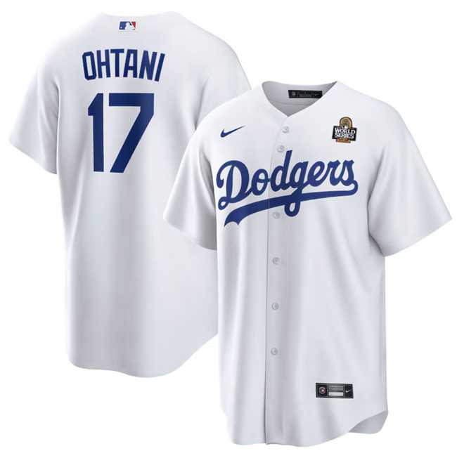 Mens Los Angeles Dodgers #17 Shohei Ohtani White 2024 World Series Cool Base Stitched Jersey Dzhi